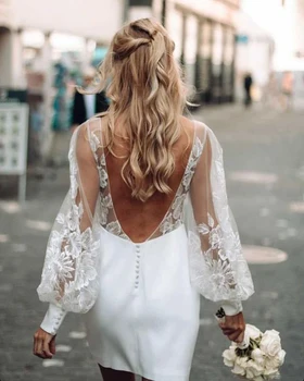 Пляжное Короткое Свадебное платье с V-образным вырезом, Сексуальное Платье Невесты с длинными Кружевными рукавами и открытой спиной, Robe De Mariee