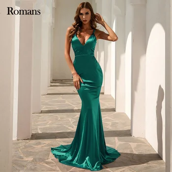 Римские Зеленые Вечерние платья для женщин, Русалка, на Тонких Бретельках, с V-образным вырезом, без рукавов, на шнуровке, vestidos de noche robes de soirée