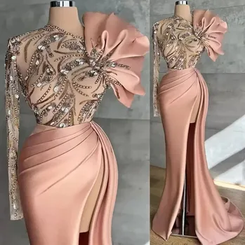 Розовое атласное вечернее платье с высоким разрезом и рюшами, Роскошное длинное платье для выпускного вечера знаменитостей, расшитое бисером и пайетками, Вечернее платье для официальных мероприятий