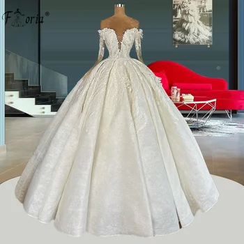 Роскошное Свадебное платье с бисером 2021, Кружевное бальное платье с открытыми плечами и аппликацией с длинным рукавом, Большие Размеры, Vestido De Noiva