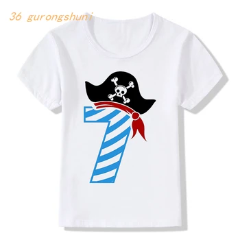 С Днем Рождения, пиратский череп, 7, 8, 9-летние футболки с рисунком, футболка для мальчиков, одежда для мальчиков, детская одежда, рубашки для девочек, детская футболка