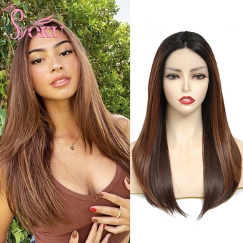 Светло-коричневые Синтетические парики на кружеве длиной 22 дюйма, прямые волосы для женщин, средняя Свободная часть, кружевной парик Soku, Модные женские парики