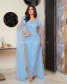 Светло-небесно-голубые вечерние платья с пайетками, русалка, V-образный вырез, длина по щиколотку, Женское платье для выпускного вечера из Саудовской Аравии