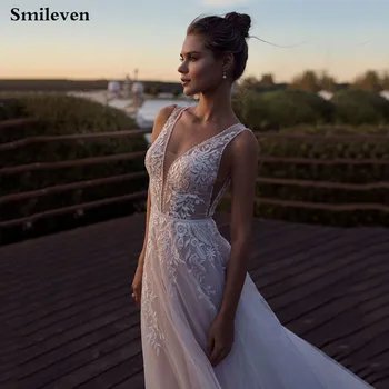 Светло-розовые свадебные платья принцессы Smileven с V-образным вырезом, без рукавов, кружевные свадебные платья с аппликацией, Элегантное свадебное платье в стиле бохо, большие размеры