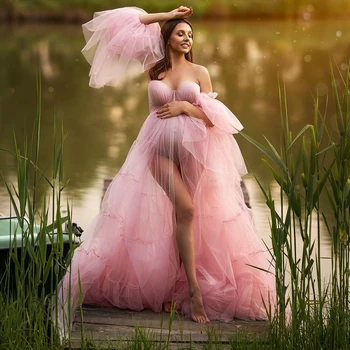 Сексуальные розовые халаты для беременных для фотосъемки, Платья для беременных с разрезом Спереди, платья для Душа ребенка