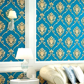 Синие Дамасские обои с золотым Тиснением, Фон для спальни, гостиной, Цветочный Узор, 3D Текстурированные обои Для домашнего декора