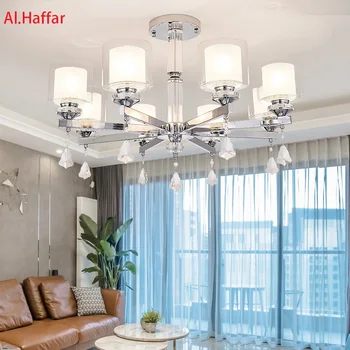 Современные роскошные хрустальные светодиодные металлические люстры цвета хром, подвесное освещение с двойными стеклянными абажурами, светильник для гостиной