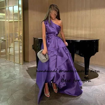 Фиолетовые атласные вечерние платья Русалки для женщин на одно плечо, Дубай, Аравия, Вечернее платье для выпускного вечера с юбкой, длинные вечерние платья