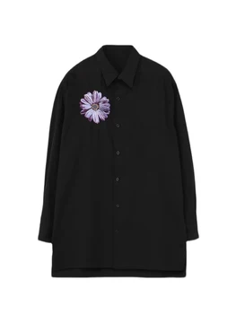 Фиолетовые рубашки с цветочной вышивкой, рубашка Унисекс оверсайз yohji yamamotos homme, черная рубашка Owens, топы для мужчин, рубашки и блузки
