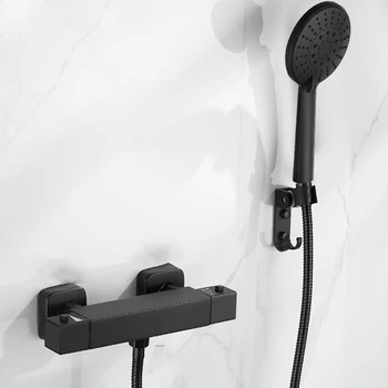 Черный/Серебристый Термостатический душ, Латунный настенный набор для термостатического душа в ванной комнате, Аксессуар для смесителя с распылительной головкой из АБС, Регулирующий клапан