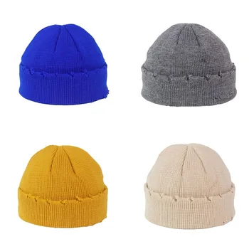 Шерсть-хомут манжеты Шапочка вязаная шапочка сплошной цвет отверстие вязать дыня шапка зимняя хозяин шляпы для мужчин и женщин, теплые шапки унисекс череп