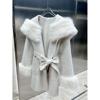 Шерстяное пальто с воротником из натурального лисьего меха, манжеты, зимняя шерстяная куртка с капюшоном, женское роскошное кашемировое пальто с поясом