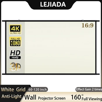 Экран проектора LEJIADA Настенный 60-120-дюймовый Белый Сетчатый Экран с Защитой От Света 16:9 с углом обзора 160 ° для просмотра фильмов в помещении и на открытом воздухе