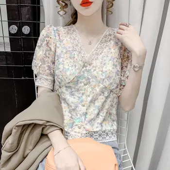 Элегантная модная Женская рубашка с милым квадратным воротником с принтом, Женская одежда, Лето 2023, Корейские универсальные блузки с пышными рукавами