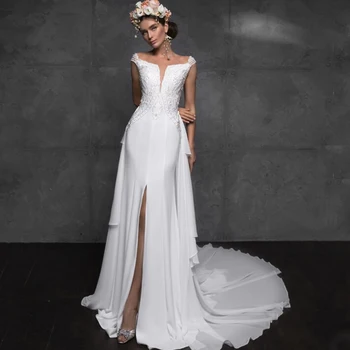 Элегантное Свадебное платье для новобрачных с коротким рукавом, Сексуальный разрез спереди, Шифоновая аппликация, бисер, Иллюзия трапециевидной формы, Vestido De Noiva