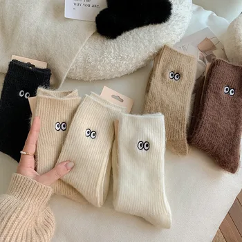 2022 Новые зимние теплые женские носки, утепленные шерстяные носки с вышивкой глаз, Японские Модные Длинные носки Harajuku, счастливые забавные милые носки
