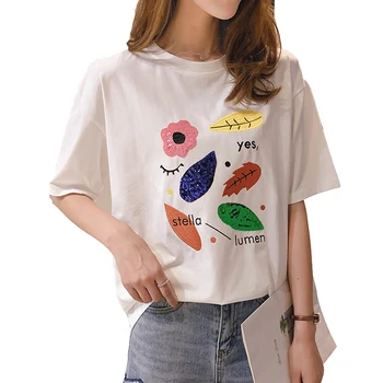 Zuolunouba 2020, Летняя Новая женская футболка с корейской Вышивкой, Повседневная, С блестками, Свободная, Вышитая бисером, Круглый Вырез, Топы с коротким рукавом