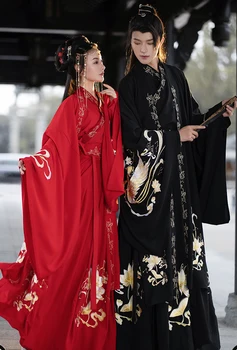 Древний китайский Ханфу Для пар, костюм для Косплея на Хэллоуин, Праздничное платье, Куртка Hanfu, Красные, черные Комплекты для мужчин И женщин, Большие размеры