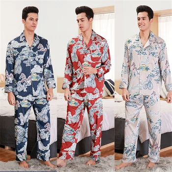 Мужская пижама, модная пижама с принтом, вечерняя одежда, весенне-летние брюки с длинными рукавами, домашняя одежда из двух предметов пижама