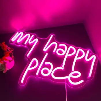 Розовая неоновая вывеска My Happy Place, светодиодная вывеска My Happy Place, для декора стен, неоновые огни, неоновые буквы, эстетический аксессуар для комнаты